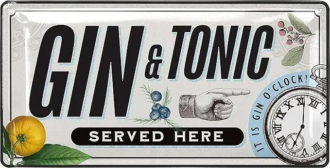 Retro plåtskylt “GIN TONIC SERVED HERE”, vintage barskylt 17 × 34 cm
