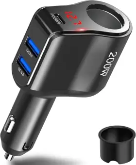 Qidoe 4-i-1 12/24V splitter med USB-C PD, QC3.0 och voltmeter