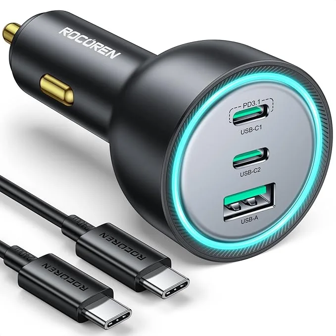 Rocoren 165W USB-C billaddare, 3 portar, PD 3.1 och QC 5.0 för husbil, bil och camping