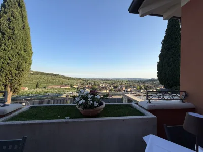 Vi åt middag med fantastisk utsikt över vingårdarna från restaurangens terrass